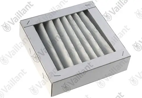 Vaillant-Filter in quadratischer Pappe, mit mehreren weißen Filtern in horizontaler Anordnung. Ideal zum Einsatz in Heiz- oder Lüftungssystemen.